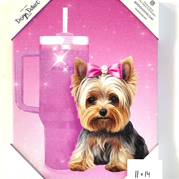 DESIGN DISTRICT STUDIO Wall Art Print Yorkie Dog Stanley Cup Pink 11"x14" Canvas - Picture 1 of 10